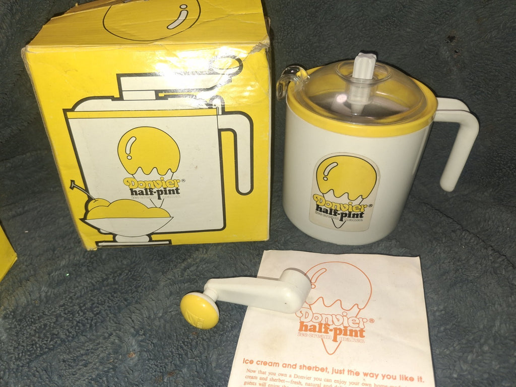 Vintage Donvier Half-Pint Ice Cream Maker Manual Hand Crank Yellow Box 1980s