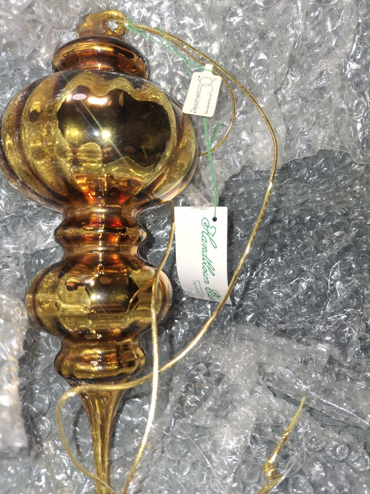 • Vtg Dept 56 Amber Gold Mercury Glass Double Finial Christmas Ornament 9.5"