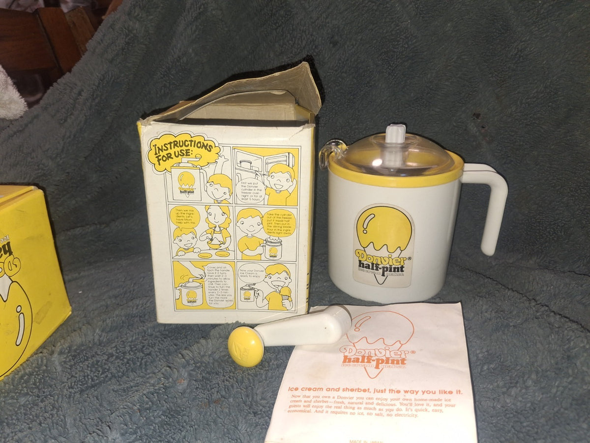 Vintage Donvier Half-Pint Ice Cream Maker Manual Hand Crank Yellow Box 1980s