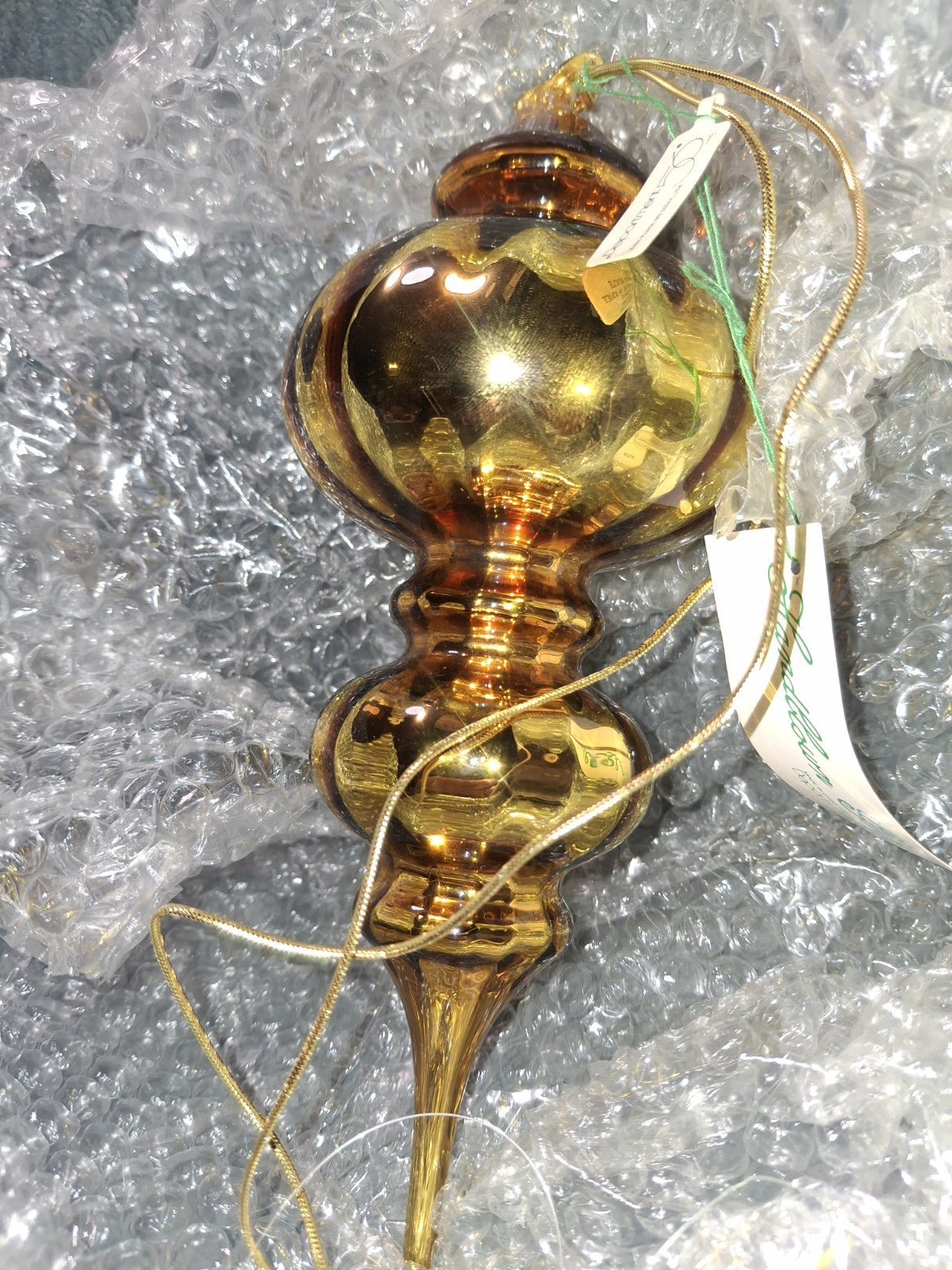 • Vtg Dept 56 Amber Gold Mercury Glass Double Finial Christmas Ornament 9.5"